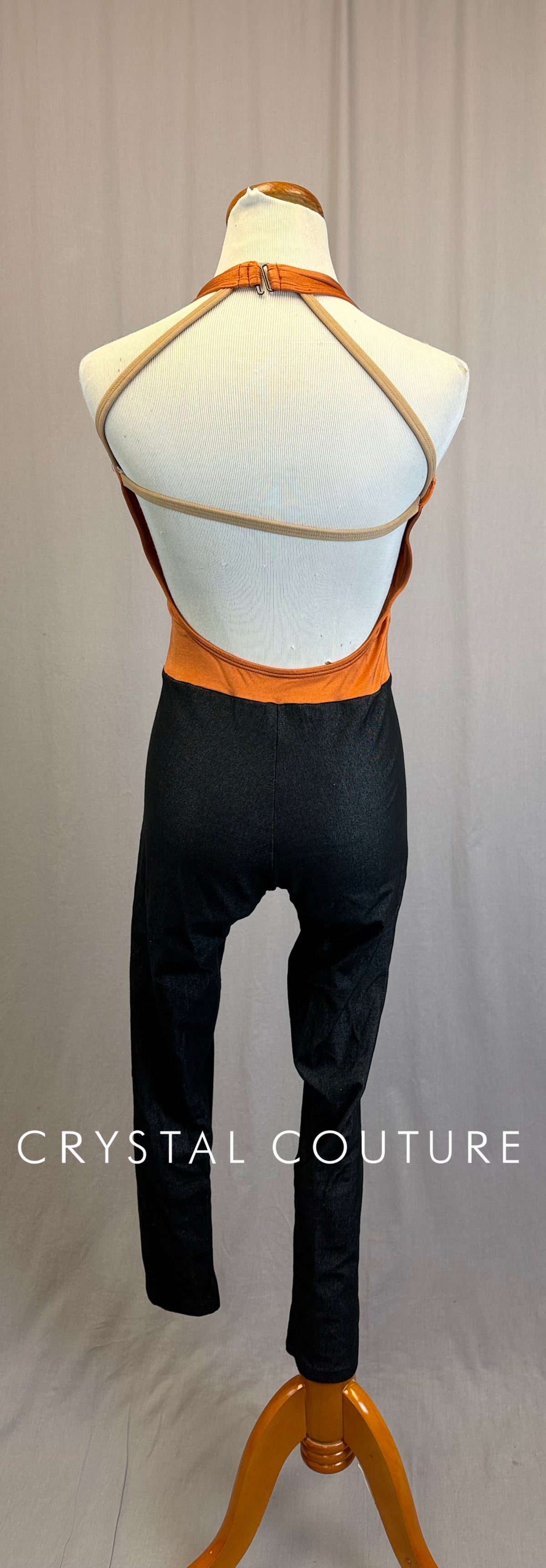 Orange and Faux Denim Halter Unitard