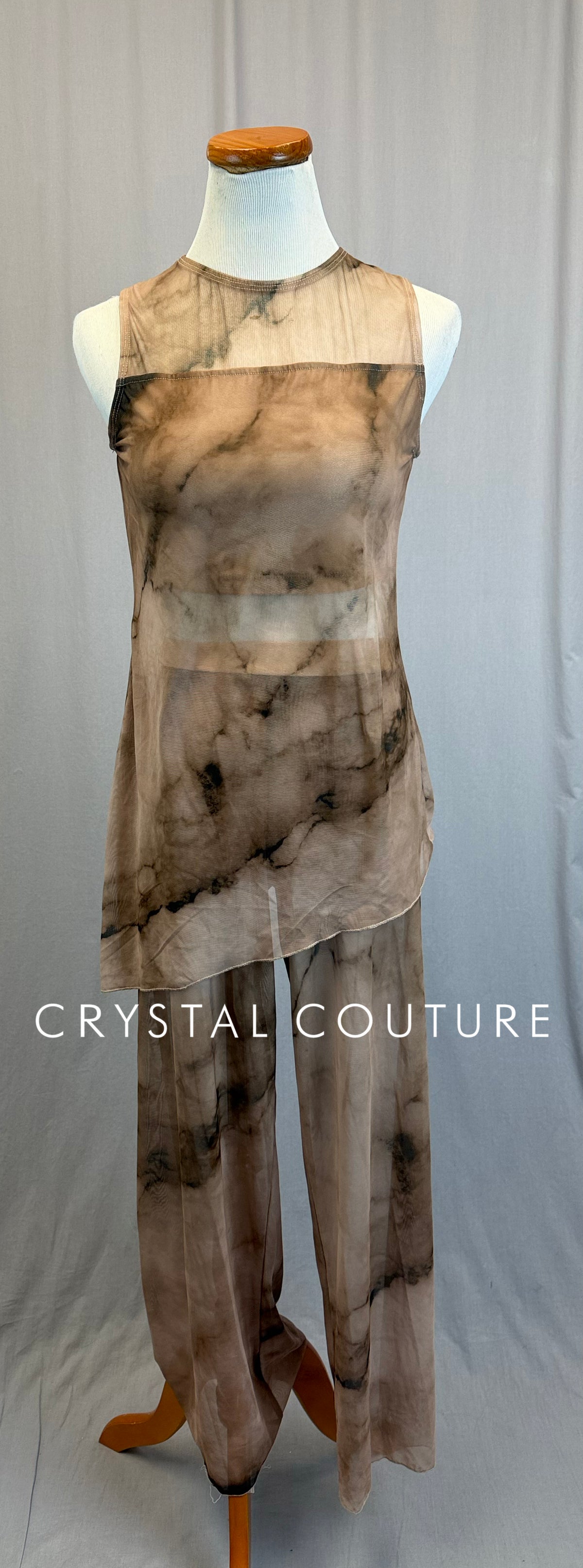 Tan Marble Mesh Top and Pant Two-Piece Set