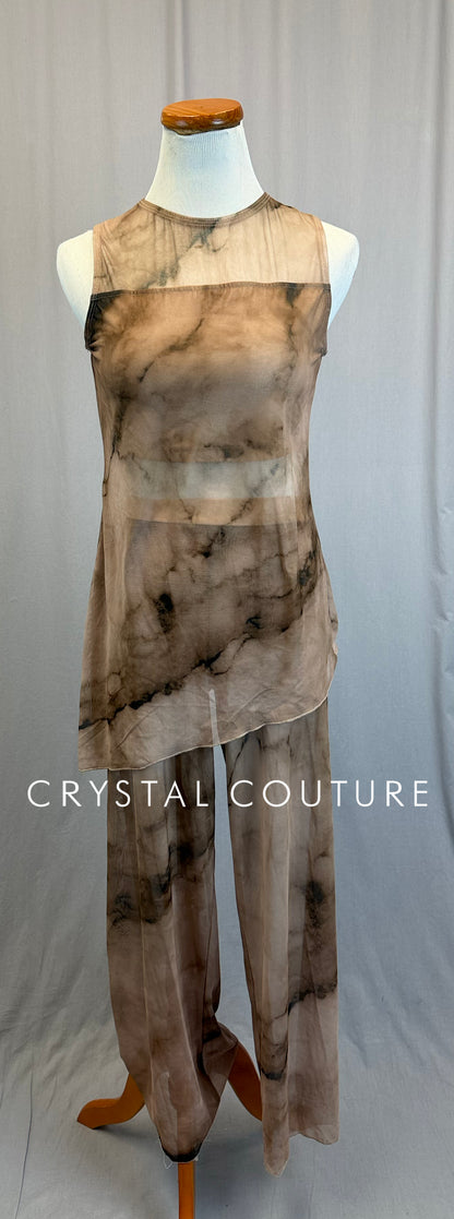 Tan Marble Mesh Top and Pant Two-Piece Set