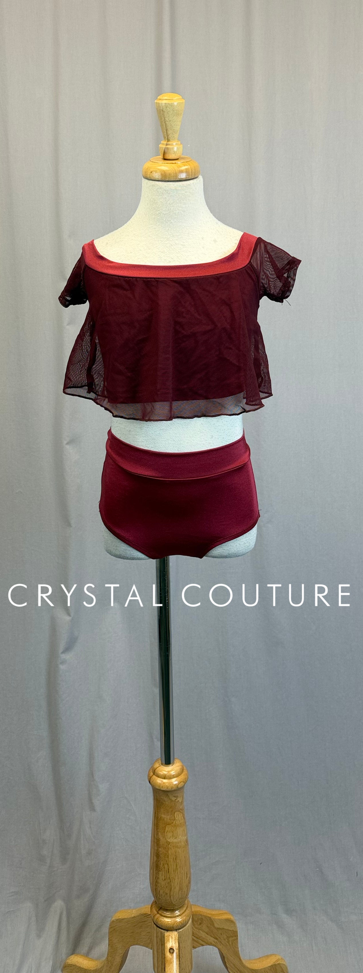 Burgundy Mesh Crop Top and Brief Two-Piece Set