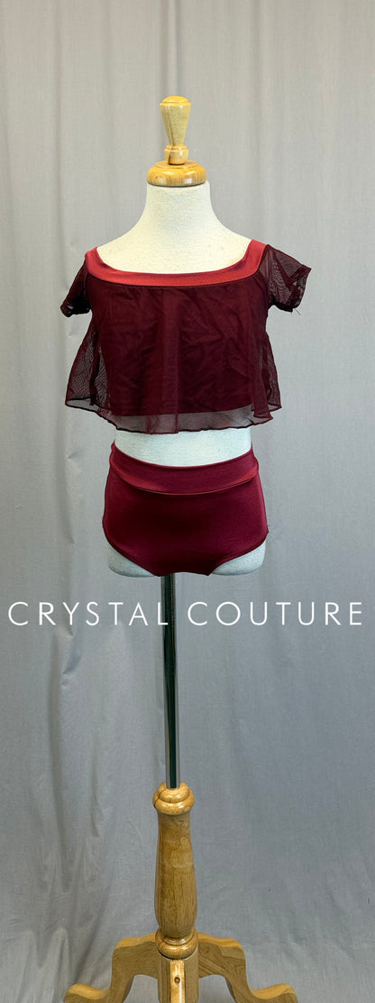 Burgundy Mesh Crop Top and Brief Two-Piece Set