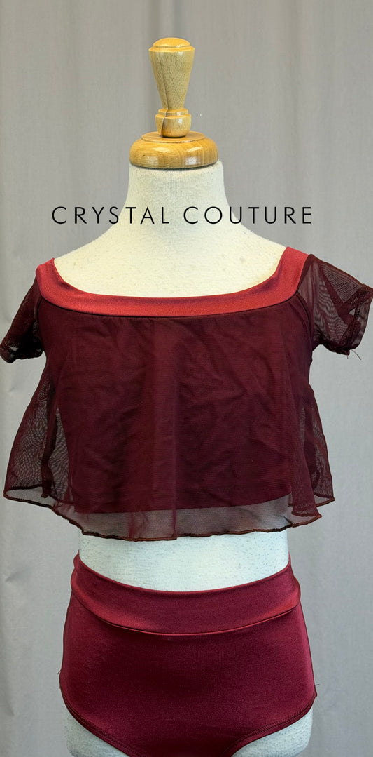 Burgundy Mesh Crop Top and Brief Two-Piece Set
