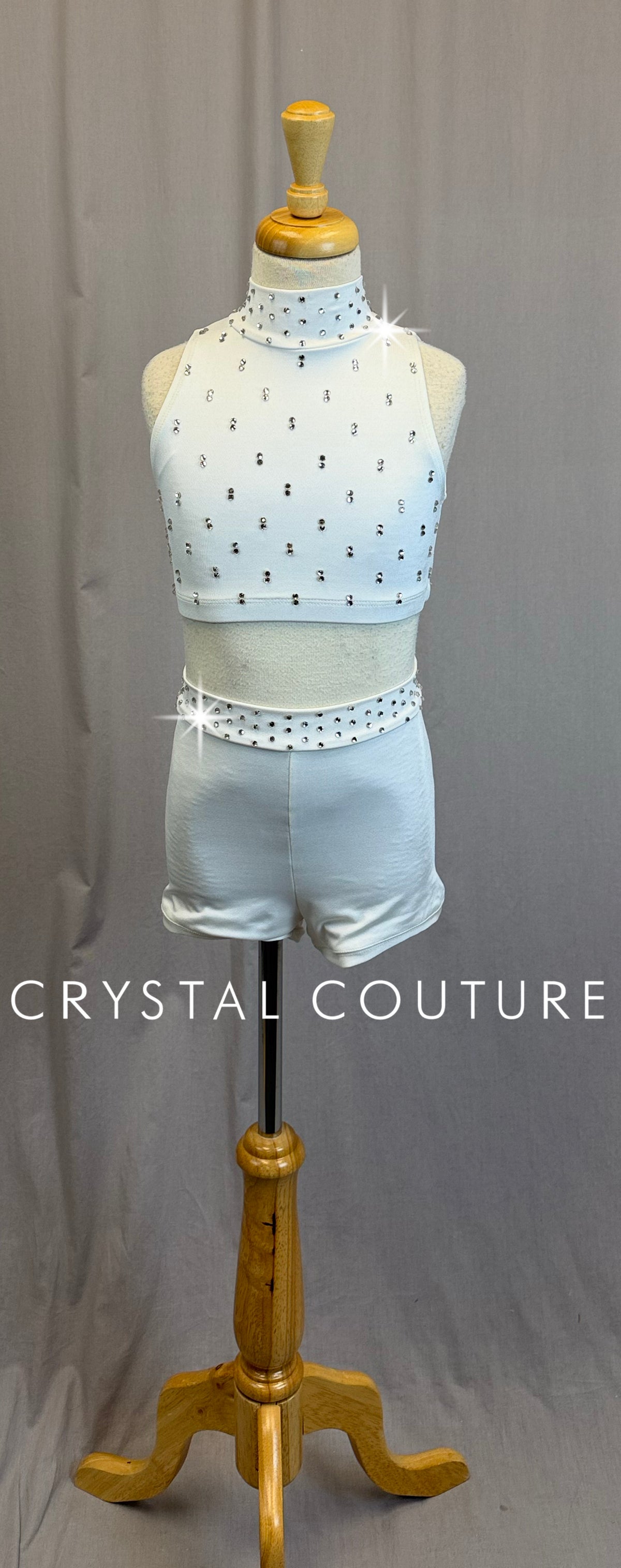 White Crop Top and Short Set-Rhinestones