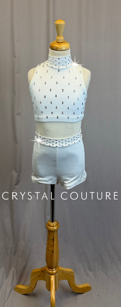 White Crop Top and Short Set-Rhinestones