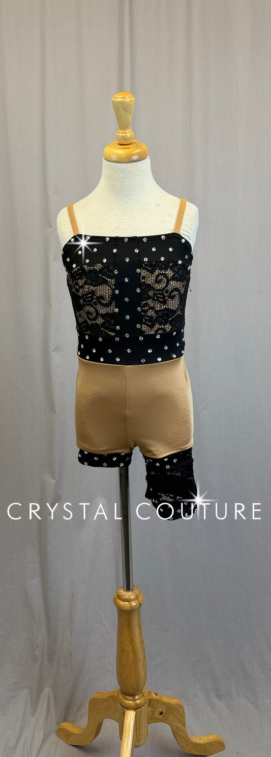 Black Lace and Tan Lycra Asymetric Biketard - Rhinestones