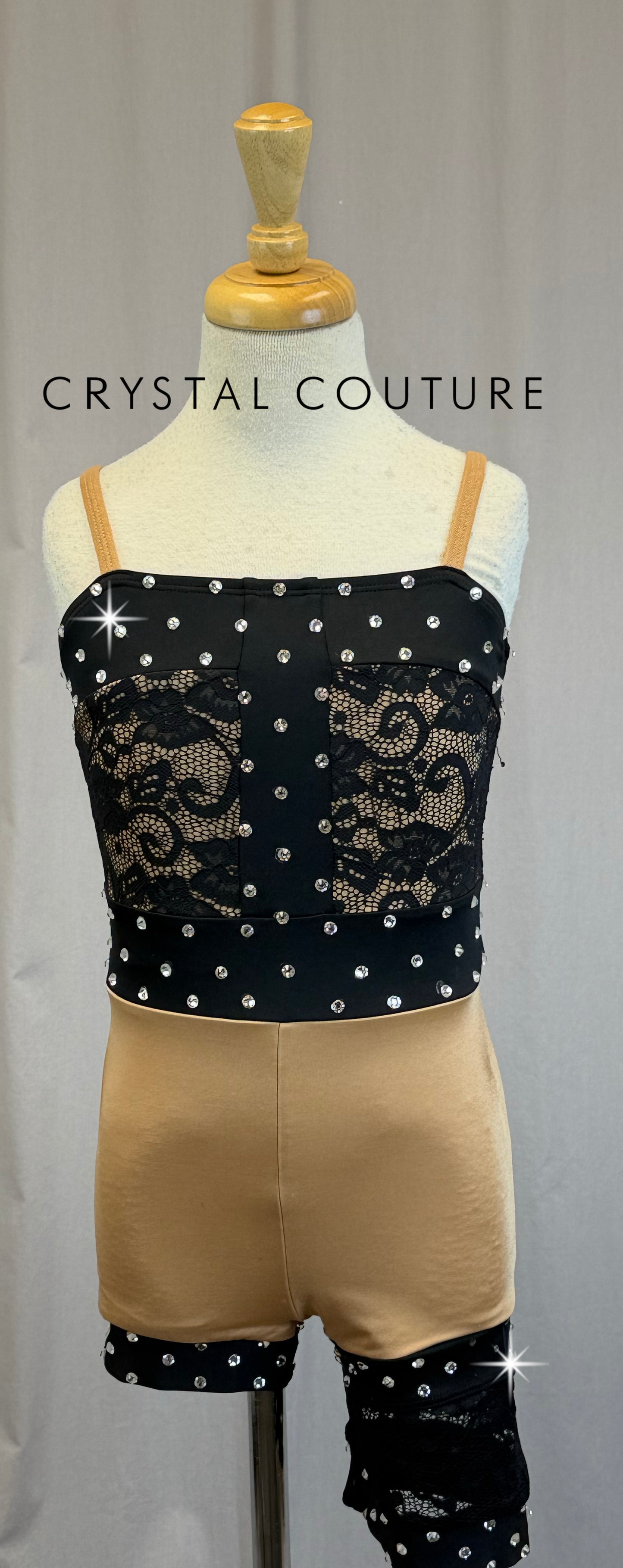 Black Lace and Tan Lycra Asymetric Biketard - Rhinestones