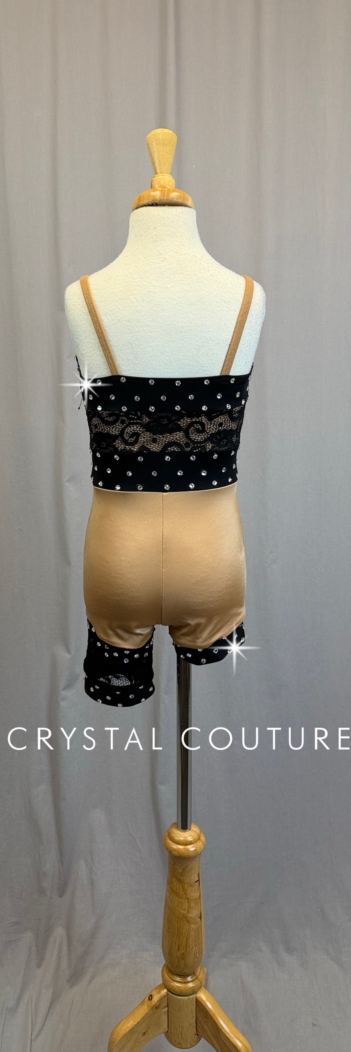 Black Lace and Tan Lycra Asymetric Biketard - Rhinestones
