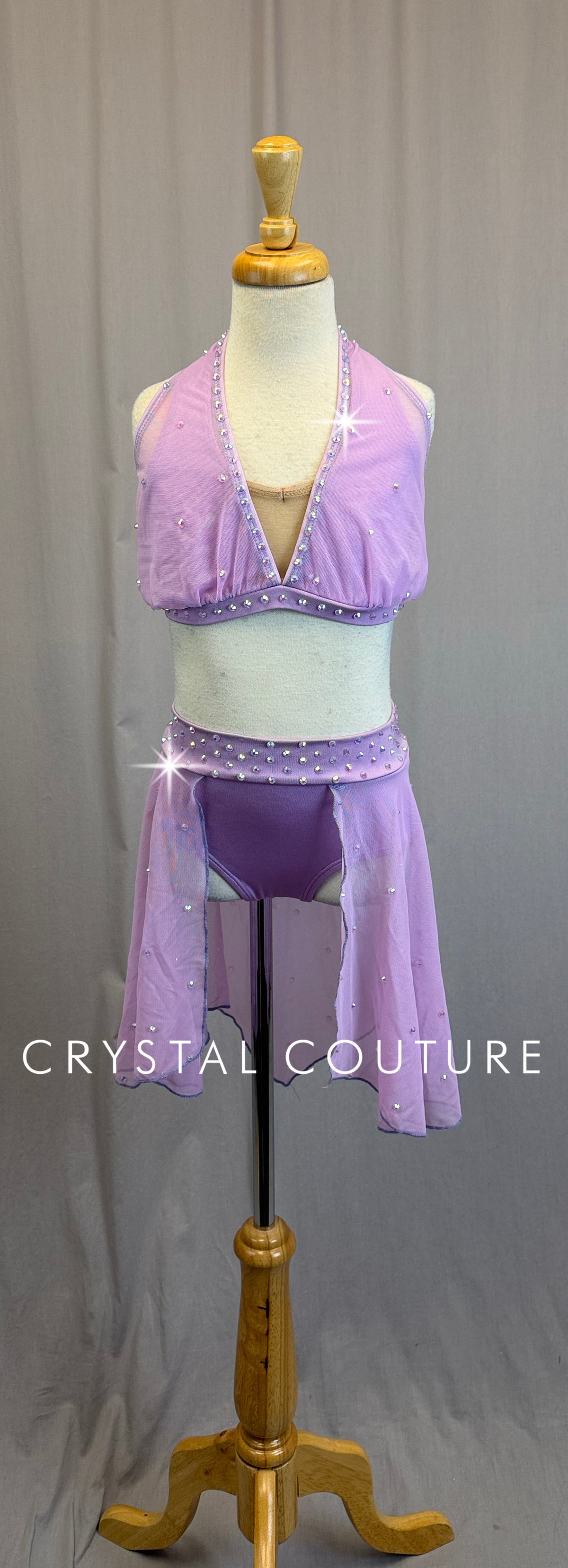 Lilac Mesh Bra Top and Skirt Two-Piece Set - Rhinestones