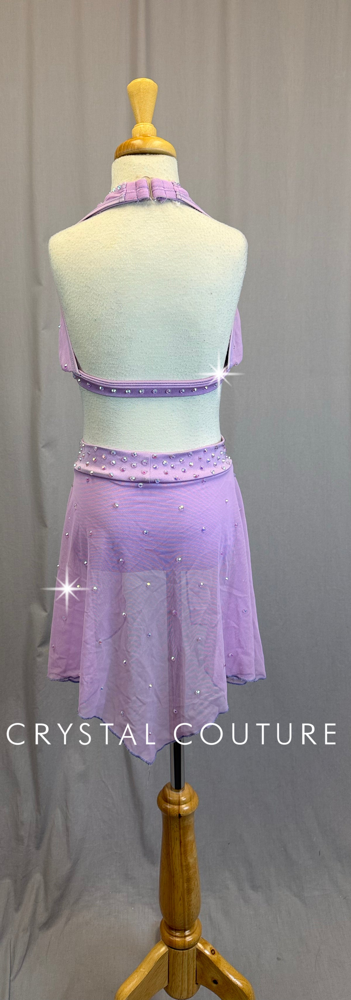 Lilac Mesh Bra Top and Skirt Two-Piece Set - Rhinestones