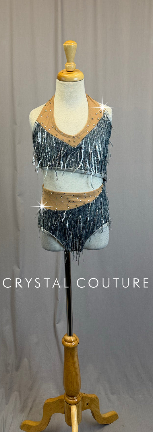 Gray and Silver Asymmetrical Leotard with Sequin Fringe - Rhinestones
