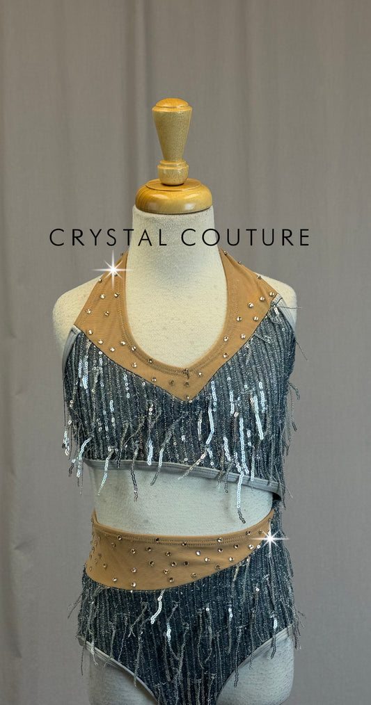 Gray and Silver Asymmetrical Leotard with Sequin Fringe - Rhinestones