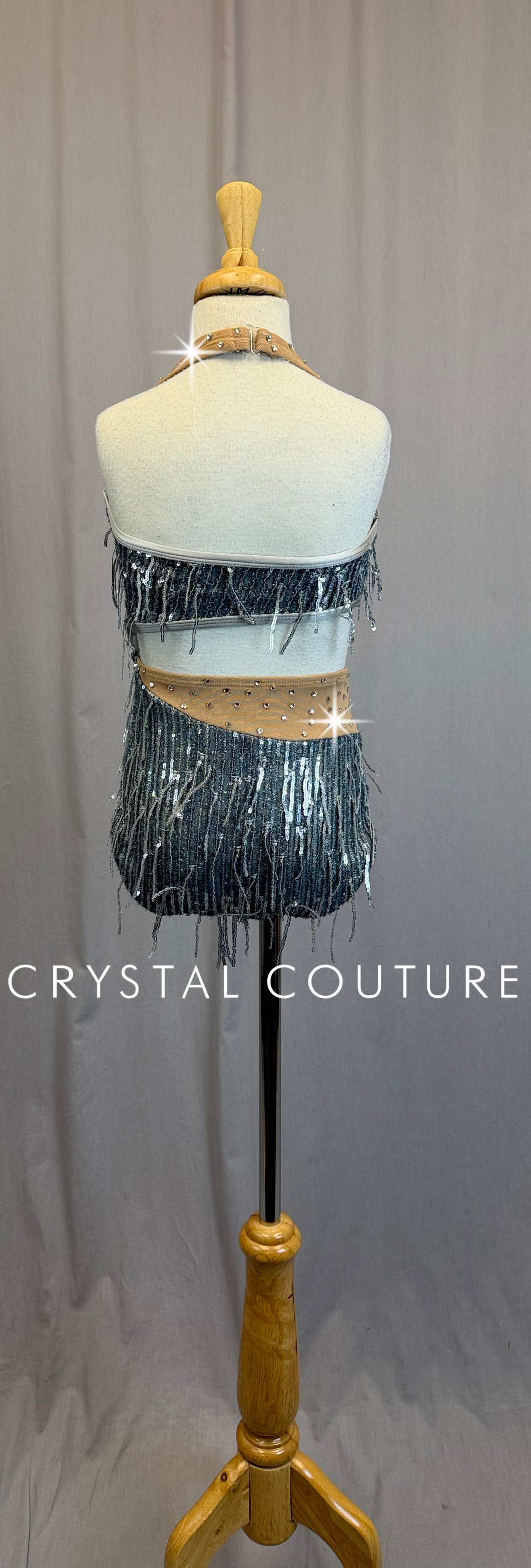 Gray and Silver Asymmetrical Leotard with Sequin Fringe - Rhinestones