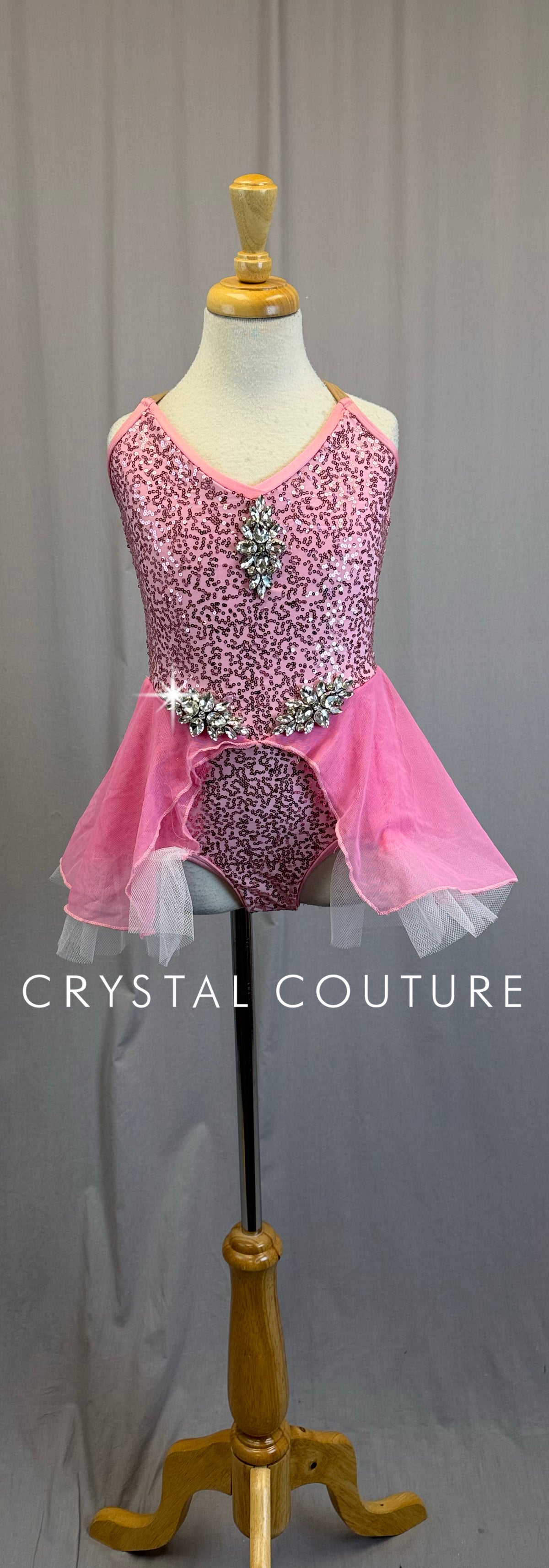 Pink Sequin Leotard with Pink and White Skirt-Gemstone Appliques