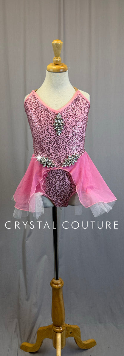Pink Sequin Leotard with Pink and White Skirt-Gemstone Appliques