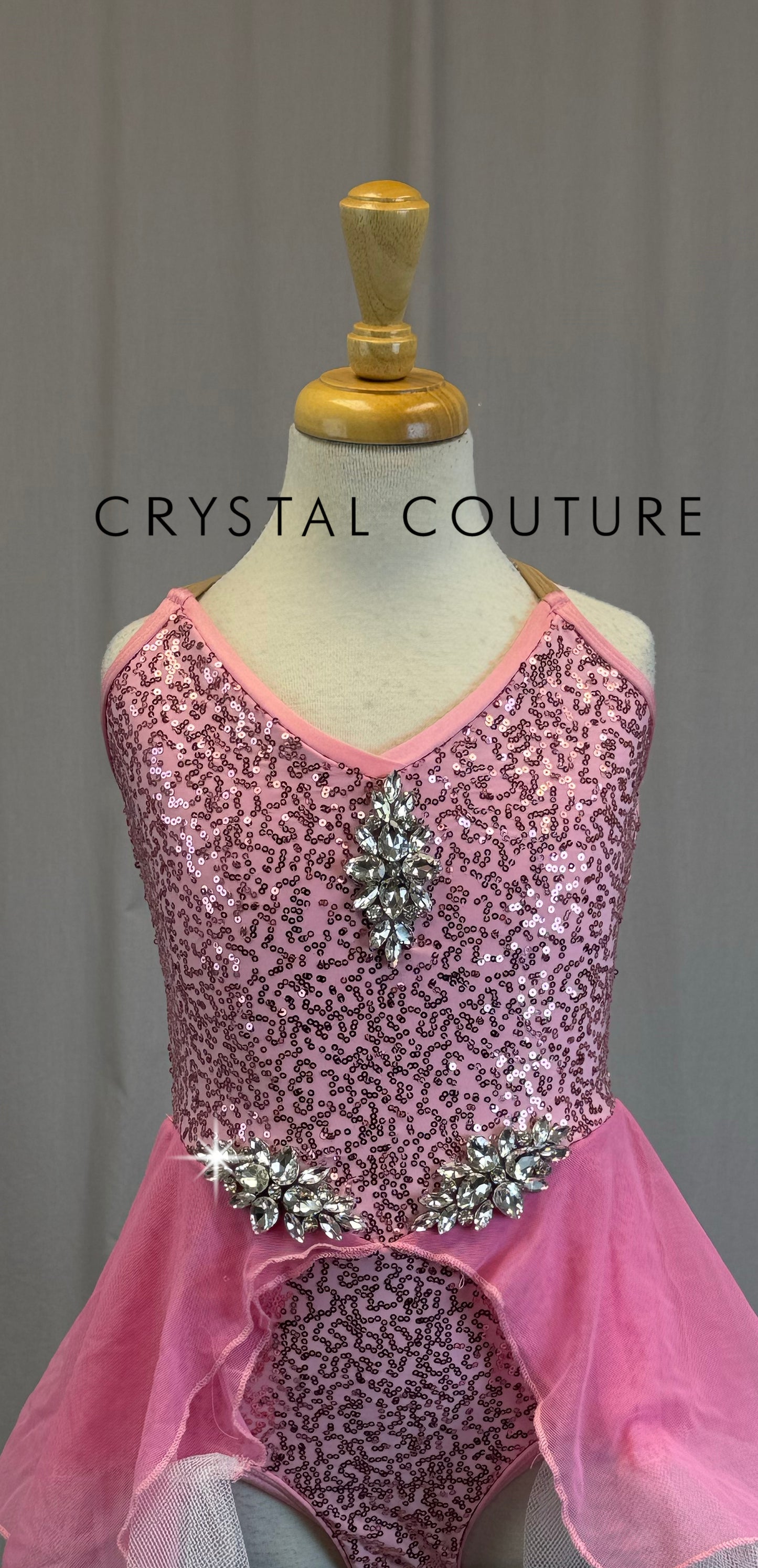 Pink Sequin Leotard with Pink and White Skirt-Gemstone Appliques