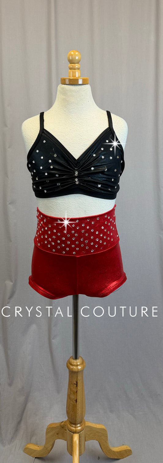 Black Bra Top and Red Metallic Short Set-Rhinestones