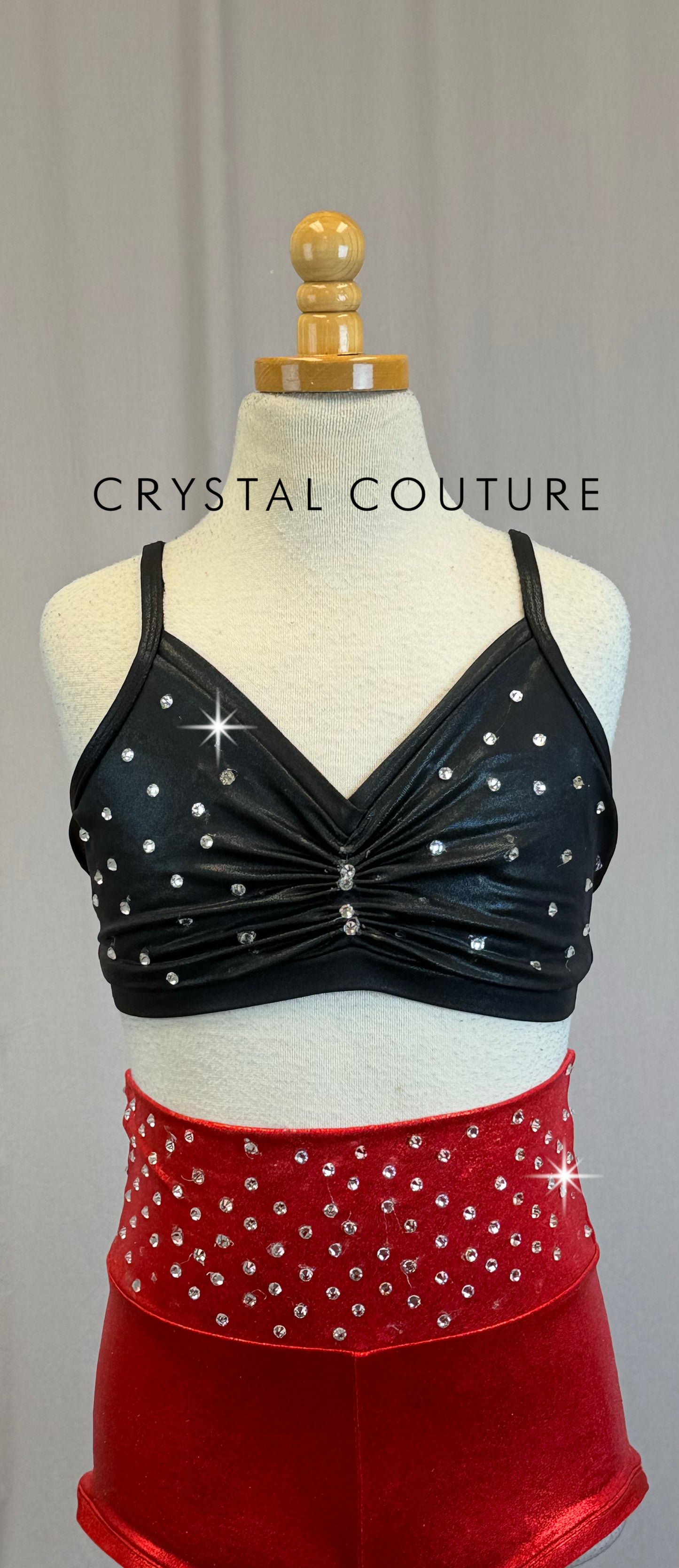 Black Bra Top and Red Metallic Short Set-Rhinestones