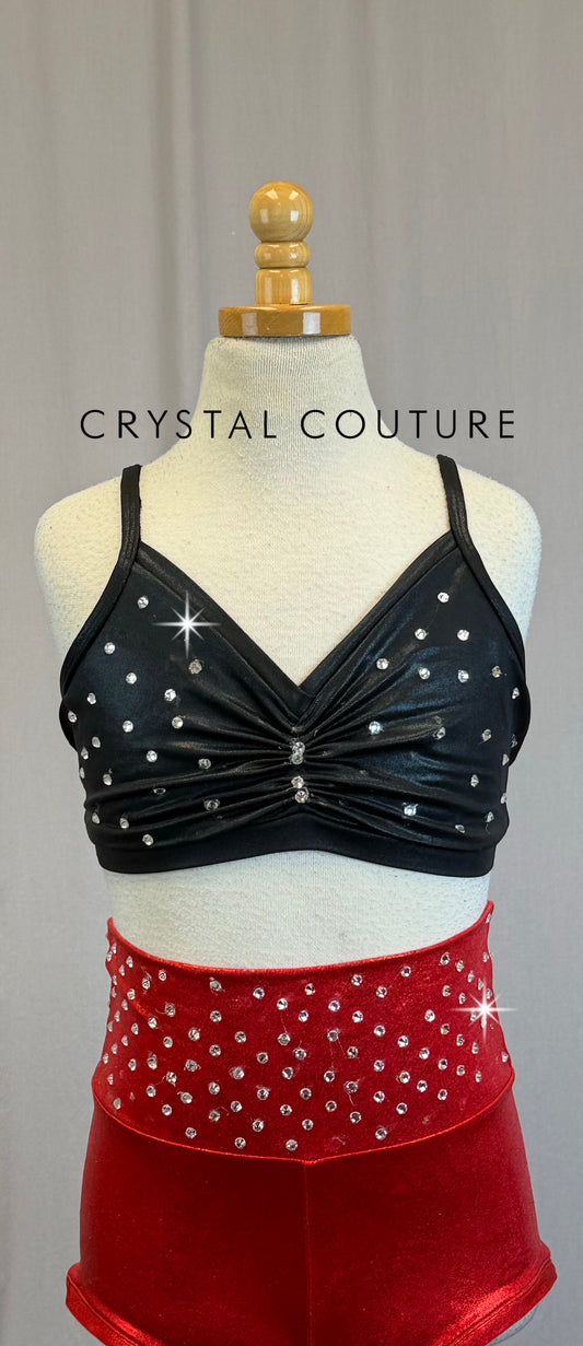 Black Bra Top and Red Metallic Short Set-Rhinestones