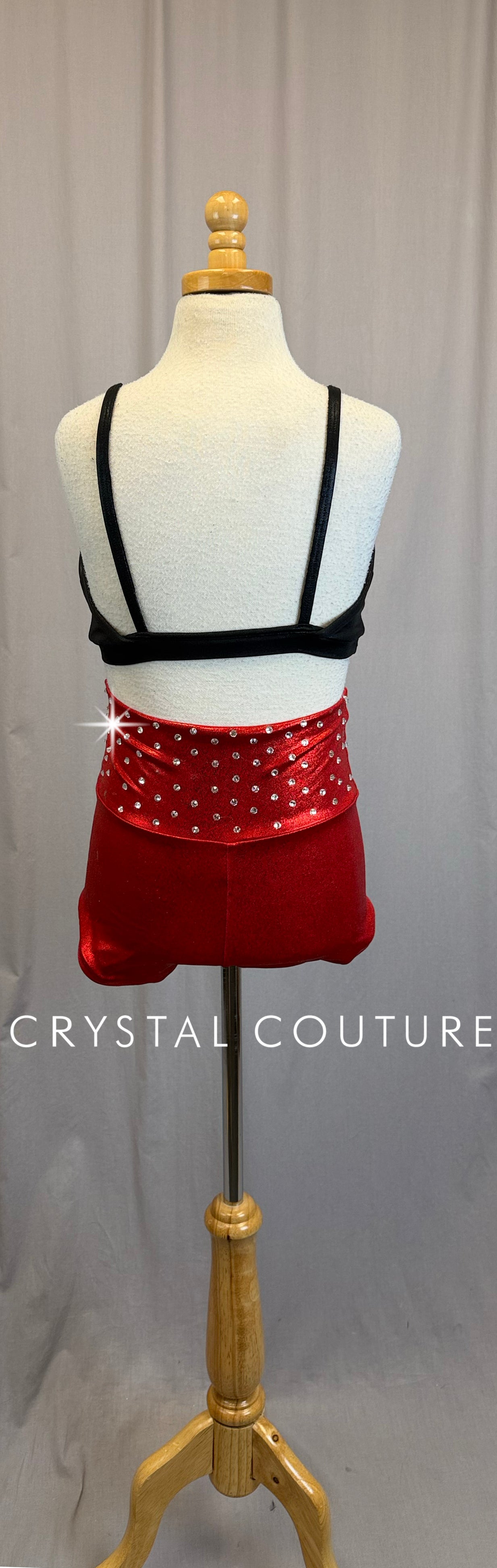 Black Bra Top and Red Metallic Short Set-Rhinestones