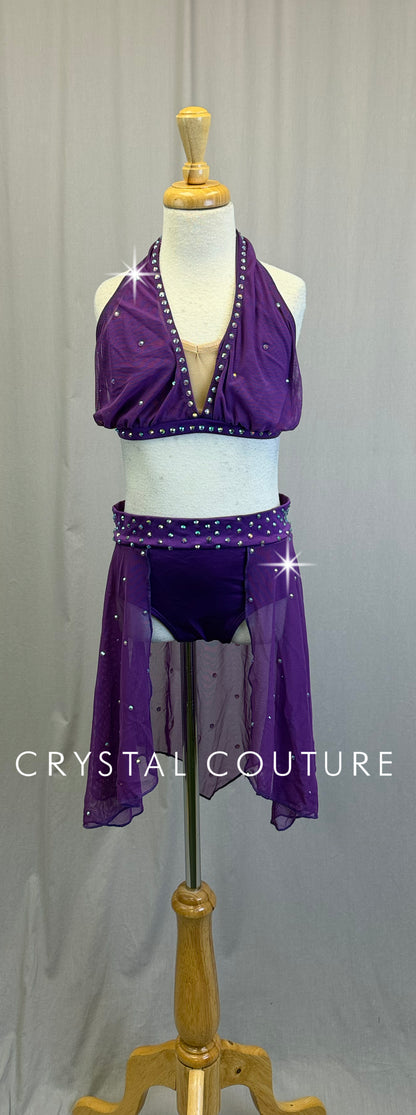 Plum Mesh Bra Top and Skirt Two-Piece Set - Rhinestones