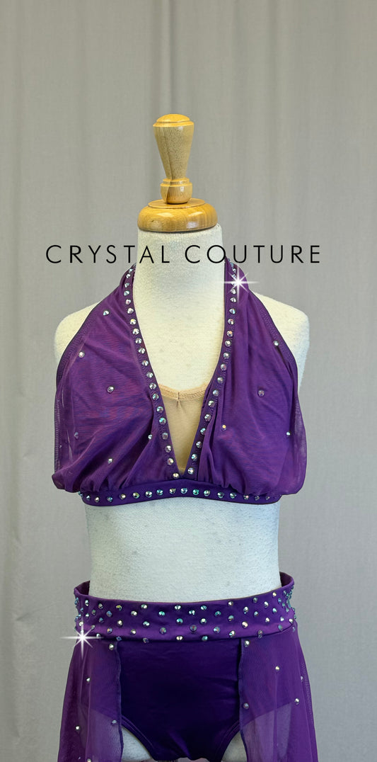 Plum Mesh Bra Top and Skirt Two-Piece Set - Rhinestones