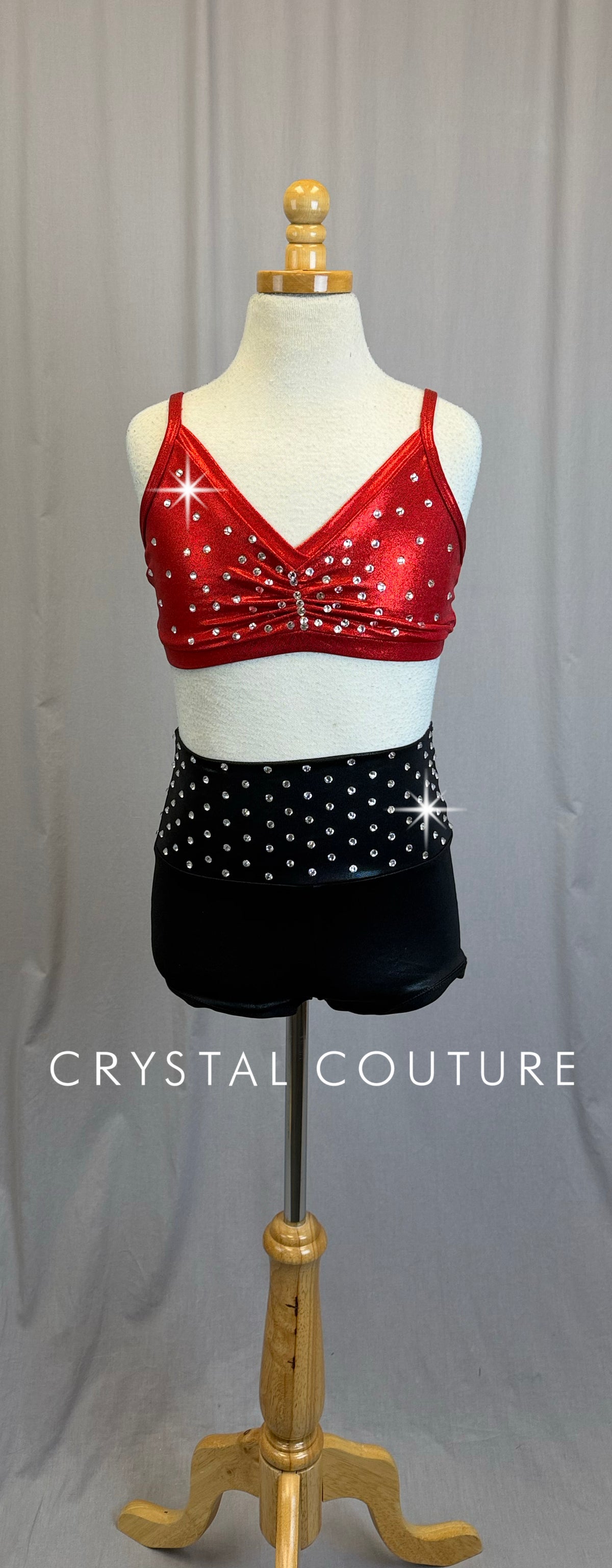 Red Metallic Bra Top and Black Metallic Short Set-Rhinestones