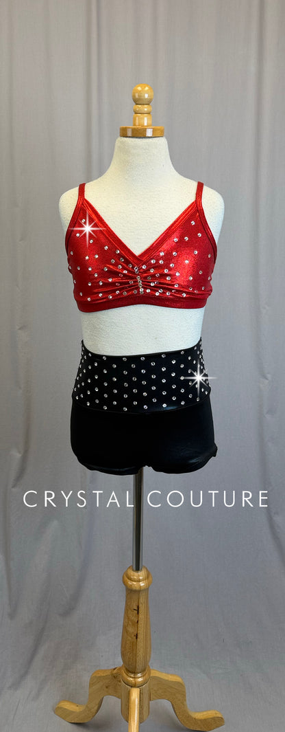 Red Metallic Bra Top and Black Metallic Short Set-Rhinestones
