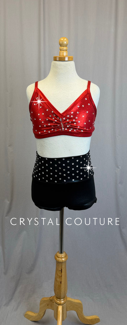 Red Metallic Bra Top and Black Metallic Short Set-Rhinestones