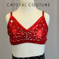 Red Metallic Bra Top and Black Metallic Short Set-Rhinestones