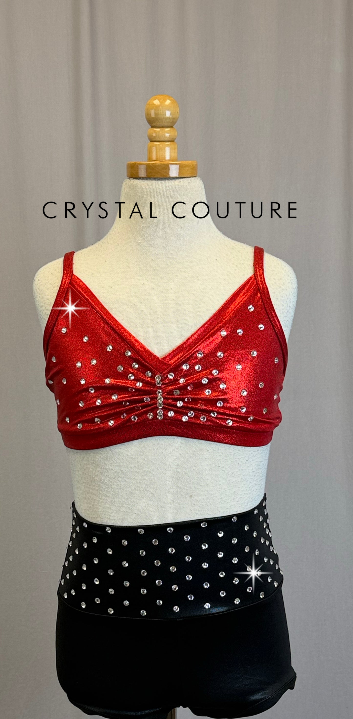 Red Metallic Bra Top and Black Metallic Short Set-Rhinestones