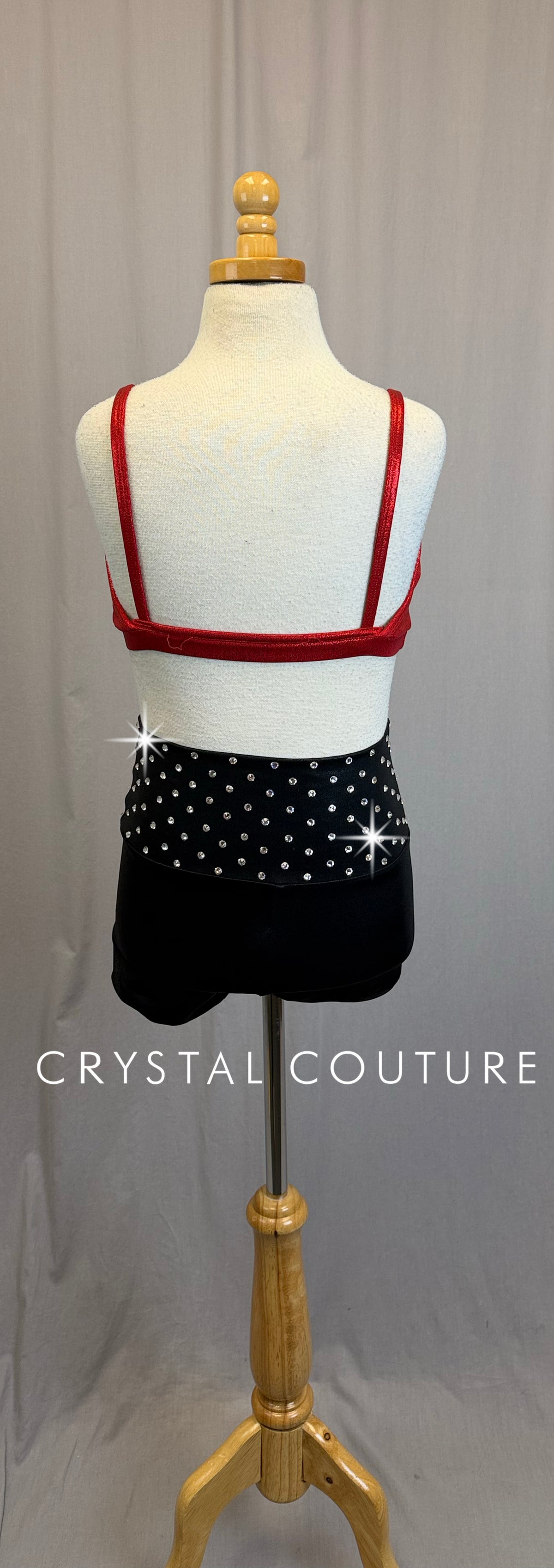 Red Metallic Bra Top and Black Metallic Short Set-Rhinestones