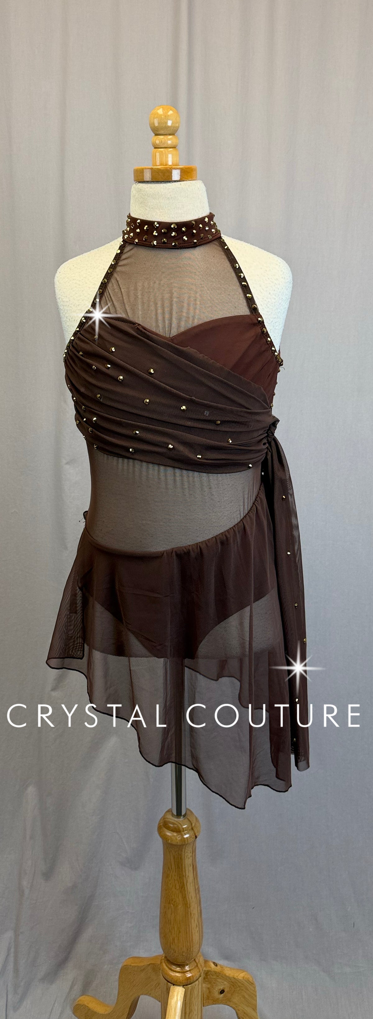 Chocolate Brown Dress with Mesh Draping- Rhinestones