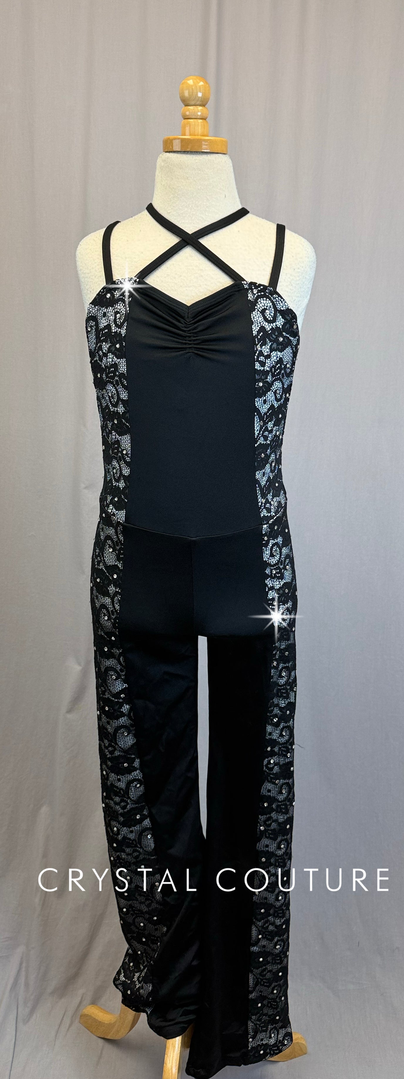 Black and White Lace Insert Strappy Unitard - Rhinestones