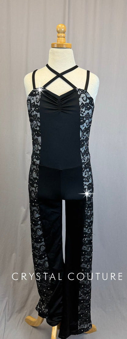 Black and White Lace Insert Strappy Unitard - Rhinestones