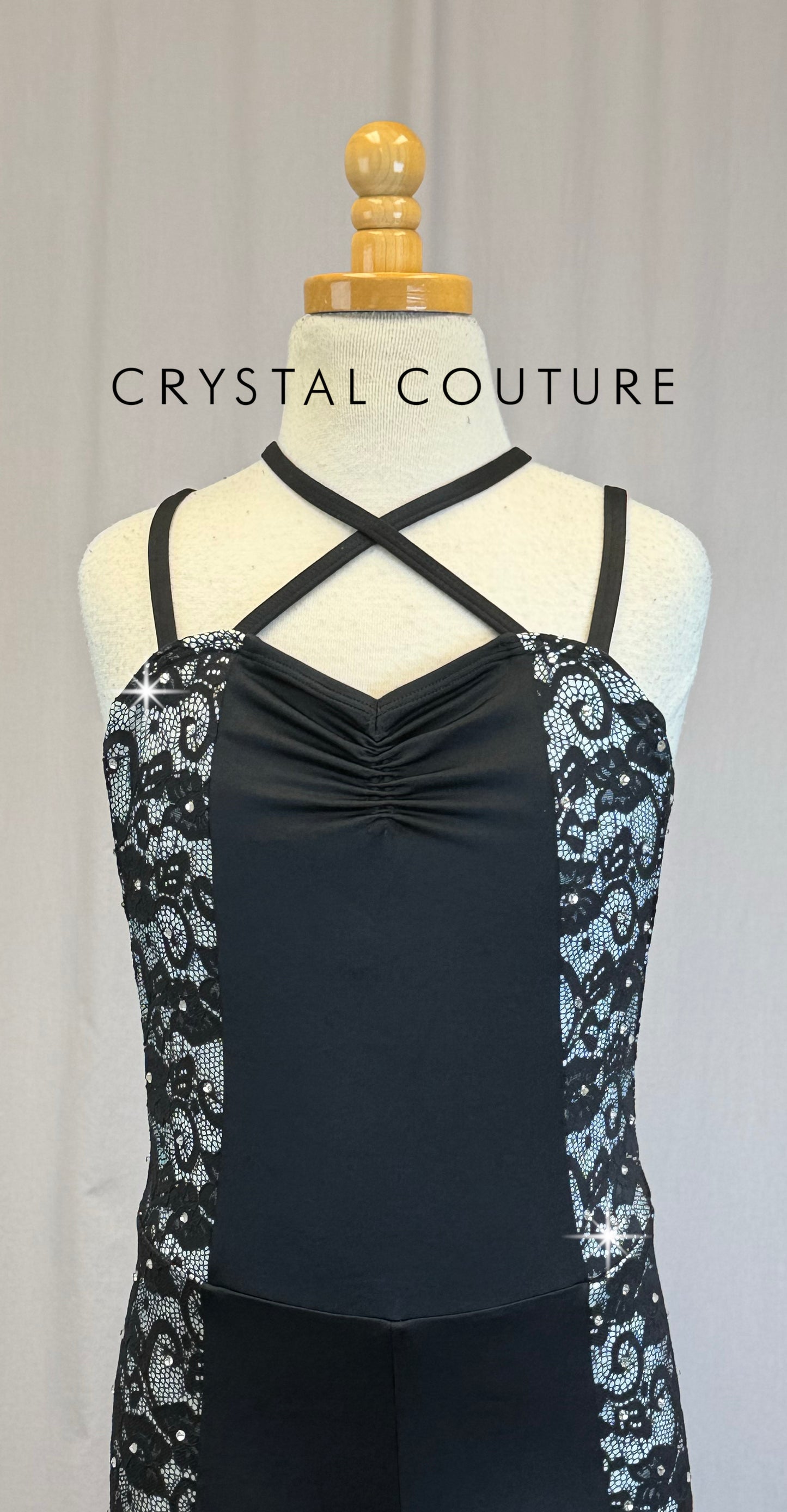 Black and White Lace Insert Strappy Unitard - Rhinestones