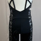 Black and White Lace Insert Strappy Unitard - Rhinestones