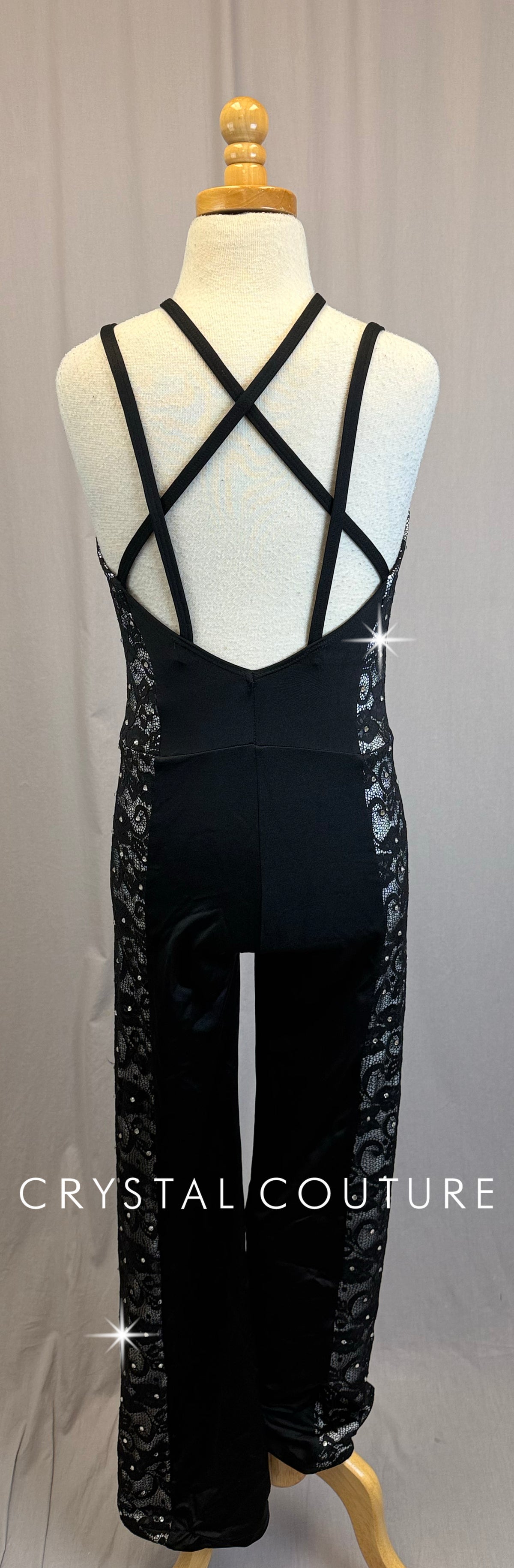 Black and White Lace Insert Strappy Unitard - Rhinestones