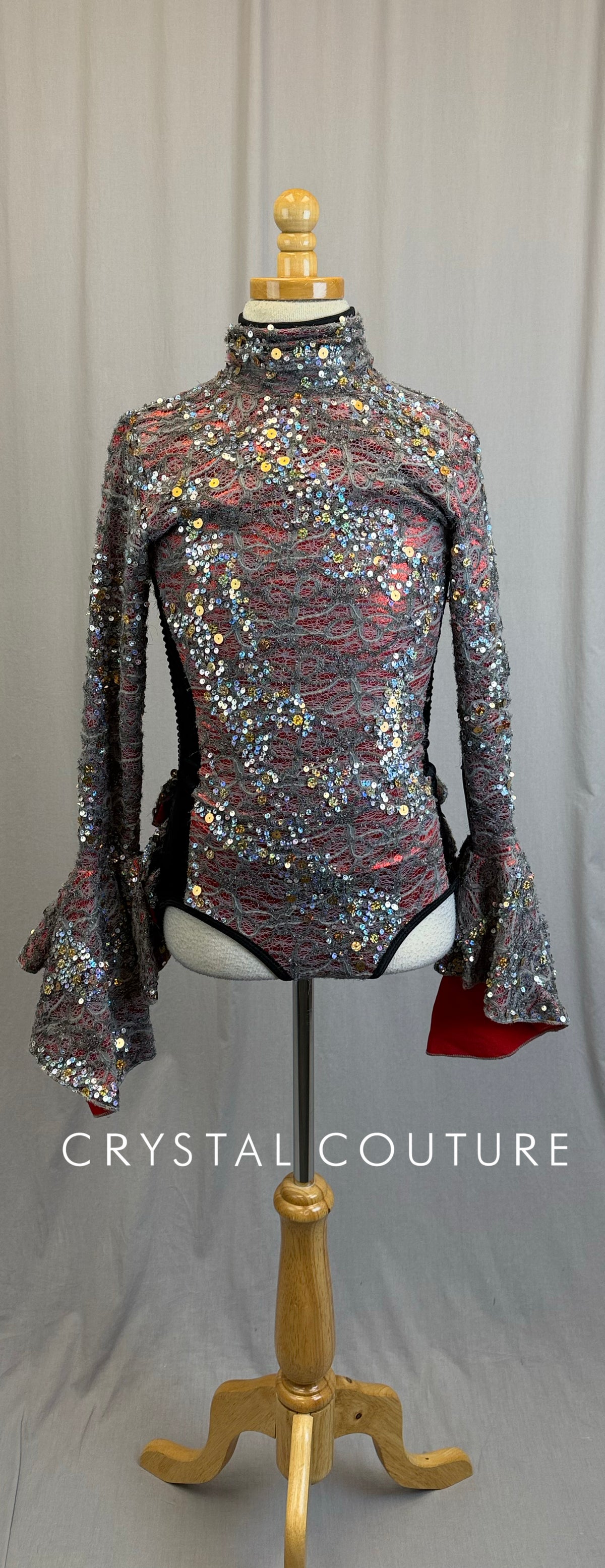 Gray, Metallic Red, and Black VelvetLong Sleeve Leotard - Rhinestones