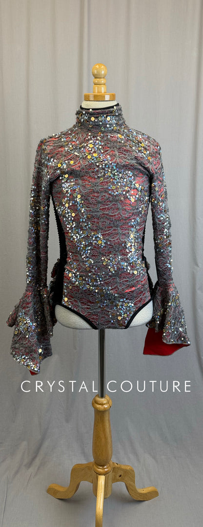 Gray, Metallic Red, and Black VelvetLong Sleeve Leotard - Rhinestones
