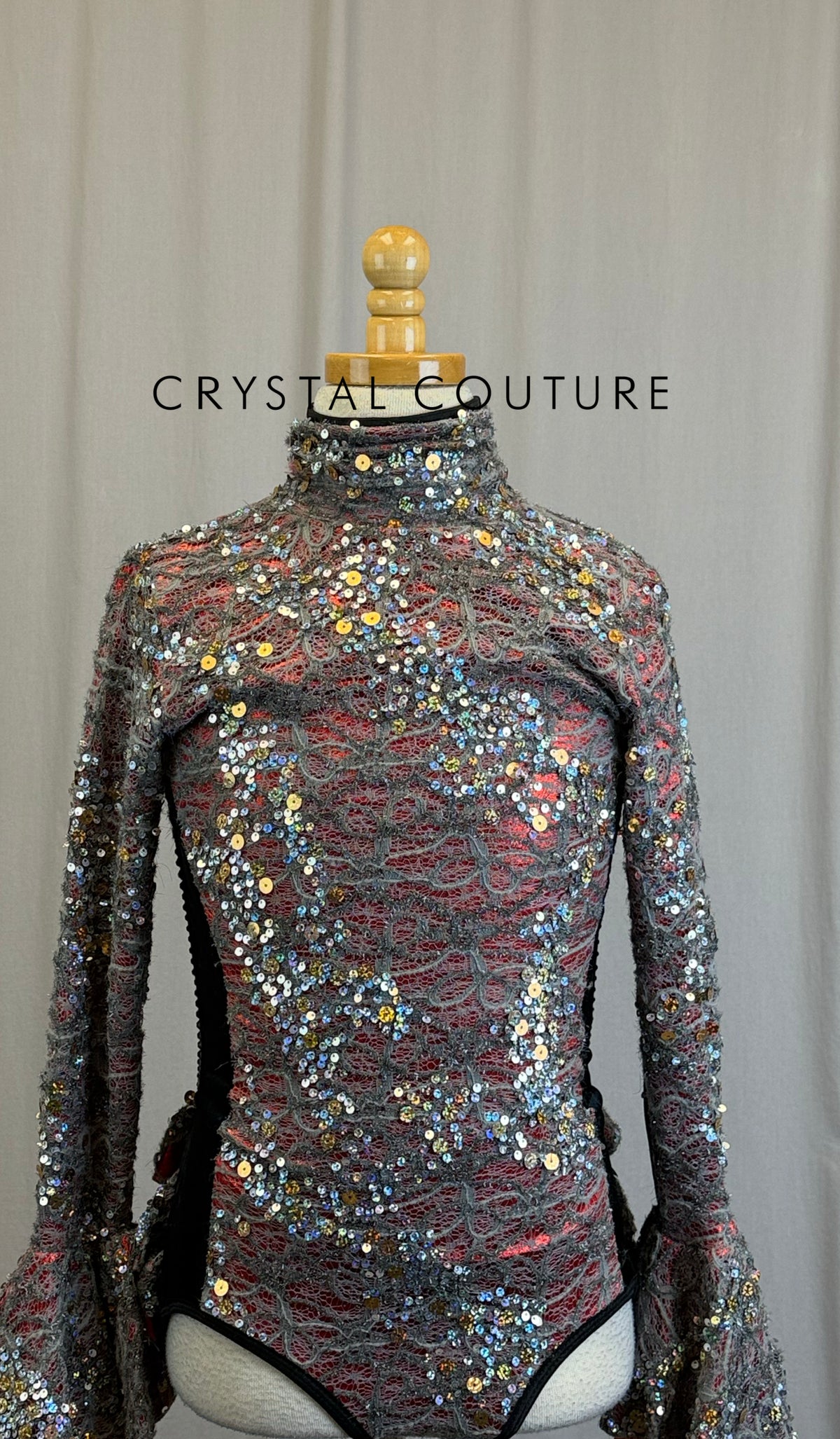 Gray, Metallic Red, and Black VelvetLong Sleeve Leotard - Rhinestones