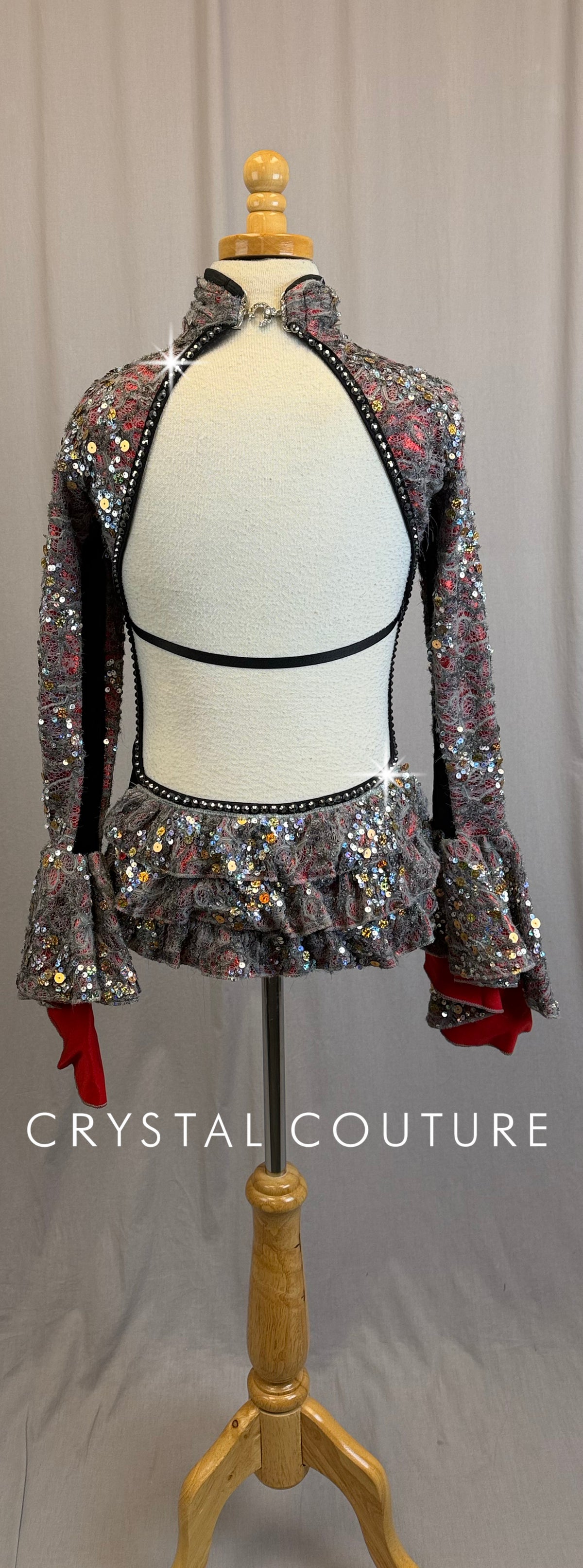 Gray, Metallic Red, and Black VelvetLong Sleeve Leotard - Rhinestones