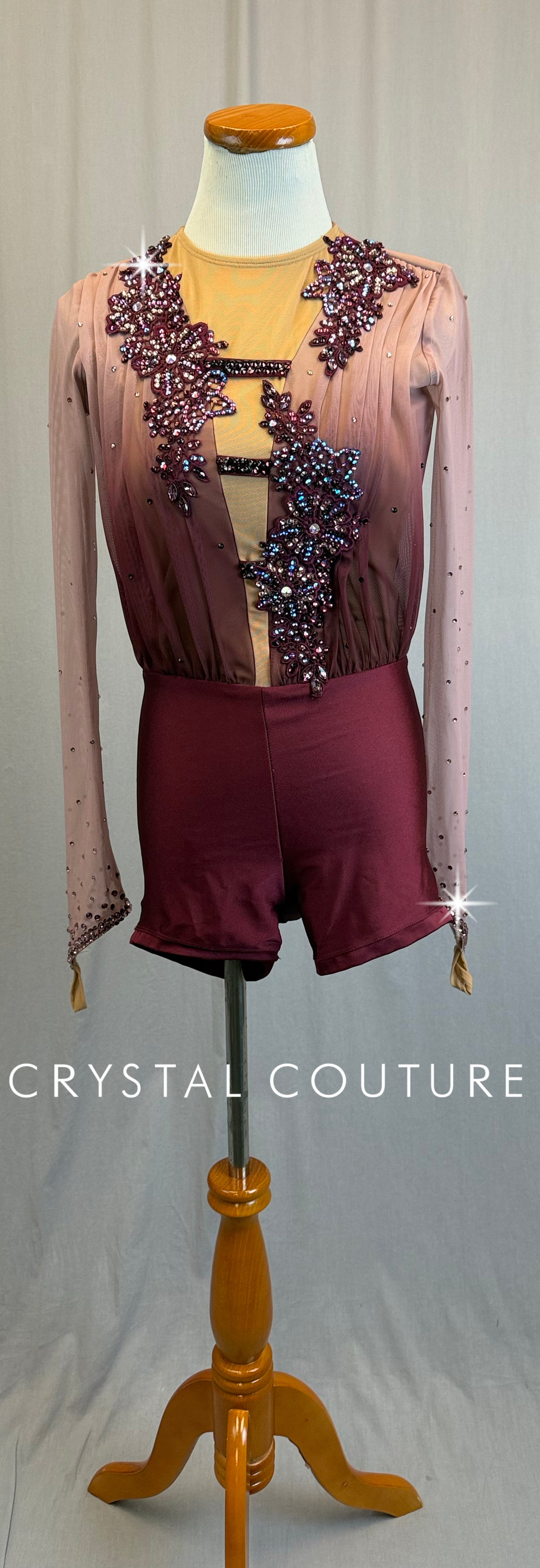 Pink to Burgundy Ombre Long Sleeve Biketard - Rhinestones