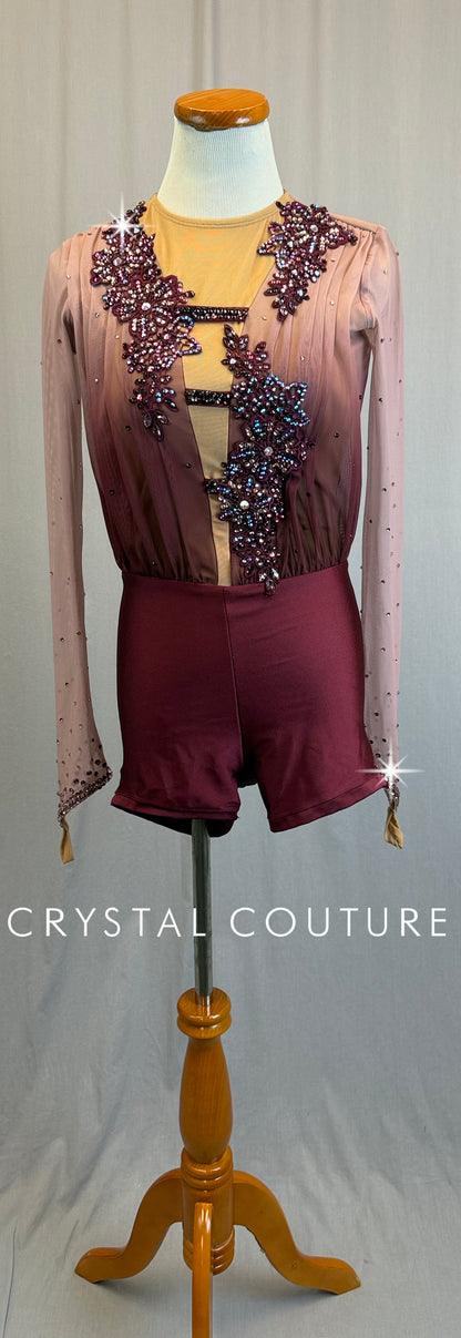 Pink to Burgundy Ombre Long Sleeve Biketard - Rhinestones