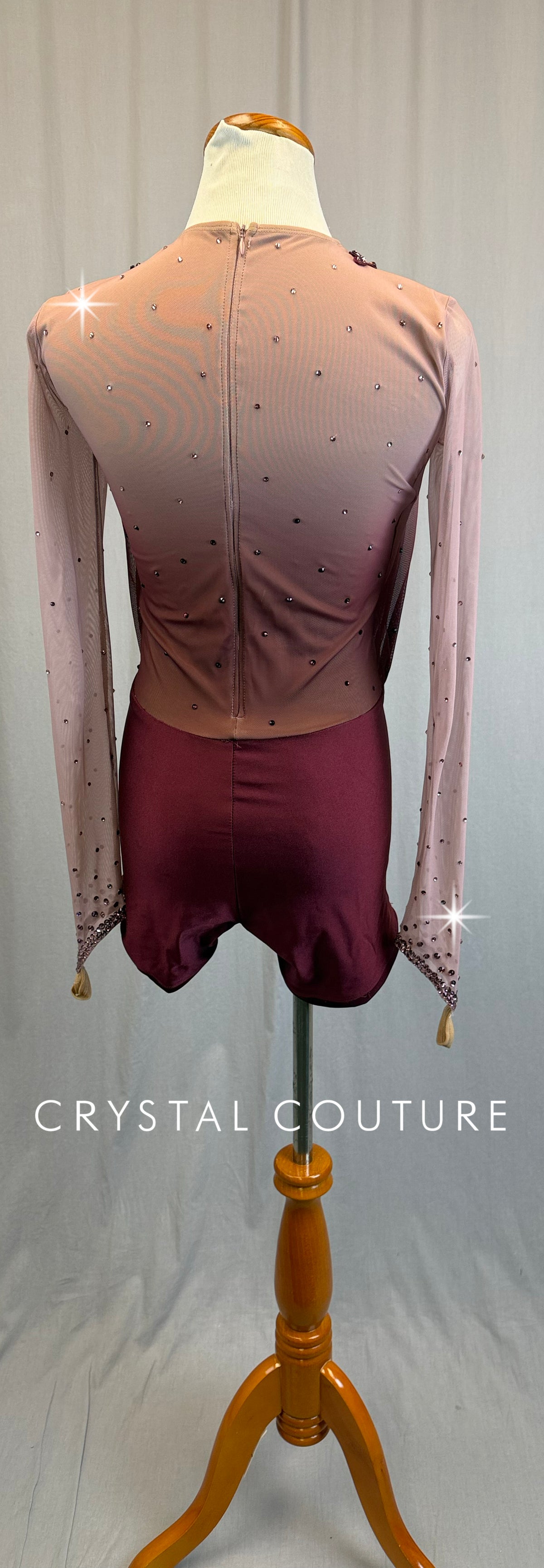 Pink to Burgundy Ombre Long Sleeve Biketard - Rhinestones