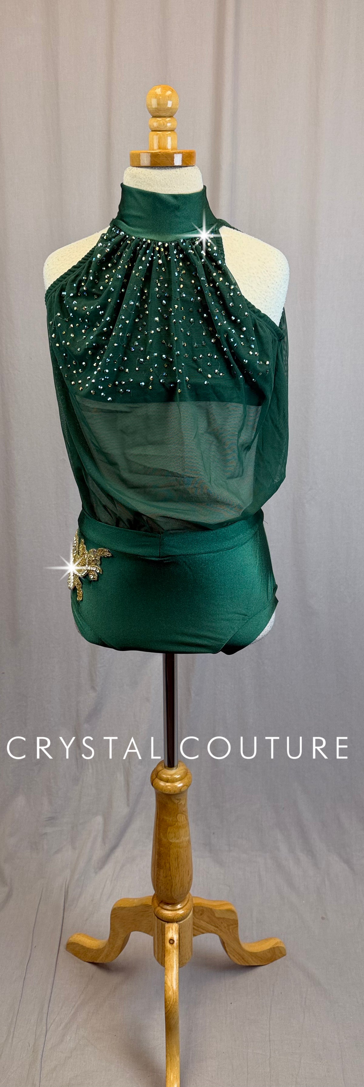 Dark Green Mesh Leotard with Gold Applique Accent - Rhinestones