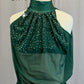 Dark Green Mesh Leotard with Gold Applique Accent - Rhinestones