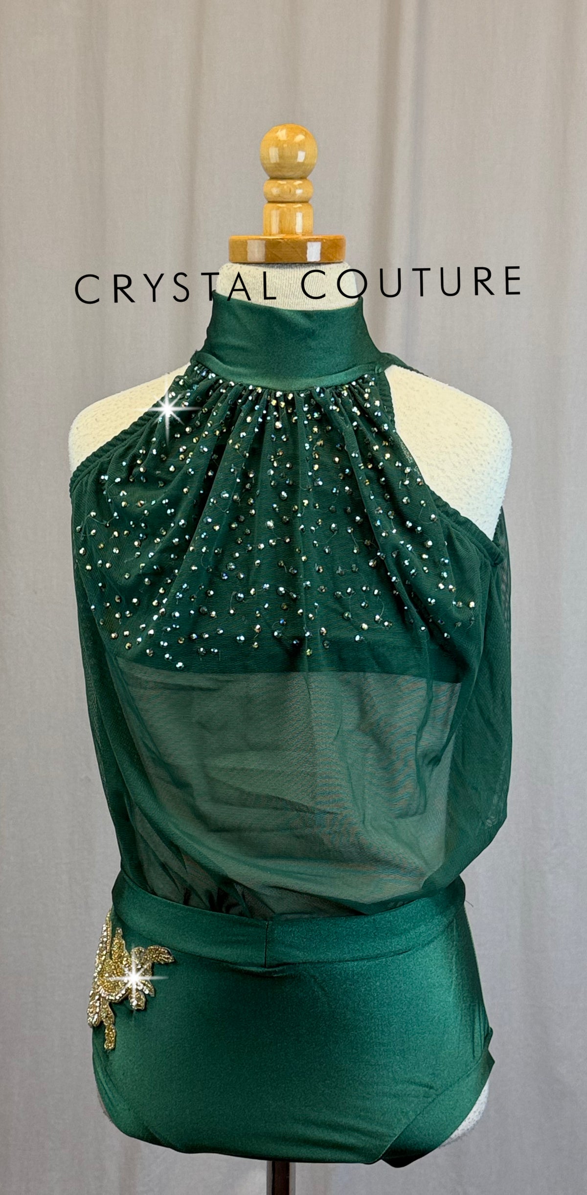 Dark Green Mesh Leotard with Gold Applique Accent - Rhinestones