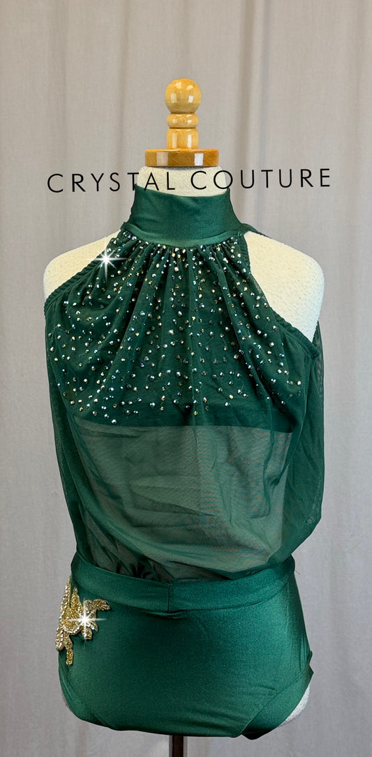 Dark Green Mesh Leotard with Gold Applique Accent - Rhinestones