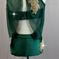 Dark Green Mesh Leotard with Gold Applique Accent - Rhinestones