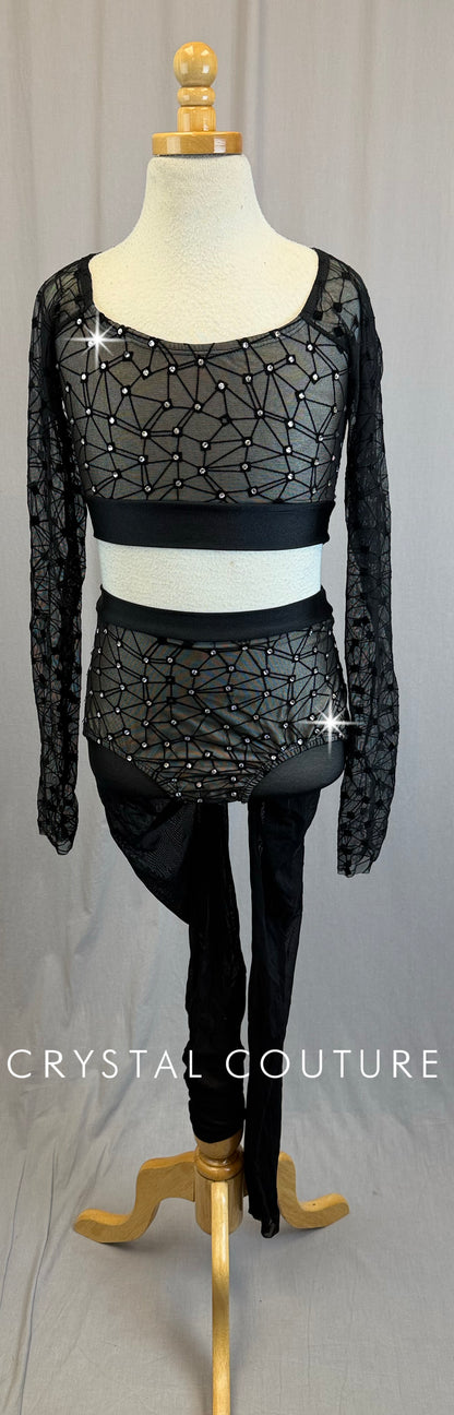 Black Mesh Geometric Long Sleeve and Brief with Mesh Leggings Two-Piece Set- Rhinestones